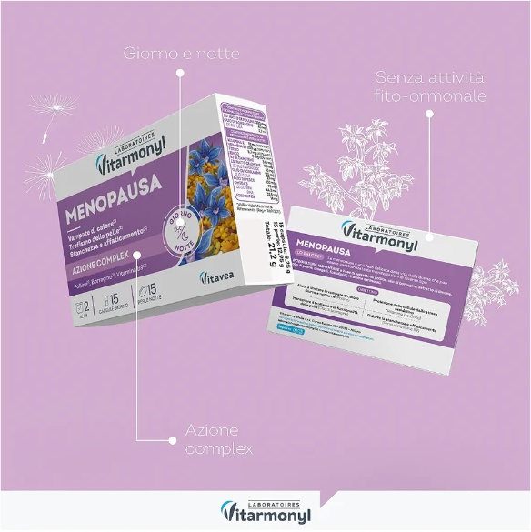 Due viste fluttuanti della stessa confezione Vitarmonyl Menopausa, fronte e retro