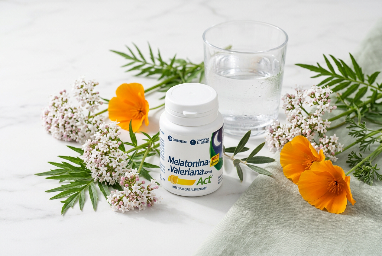 Flacone Act con fiori di valeriana ed escolzia e un bicchiere d’acqua