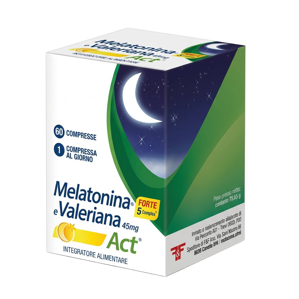 Scatola Melatonina e Valeriana Act Forte 5 Complex, senza il prezzo promozionale stampato