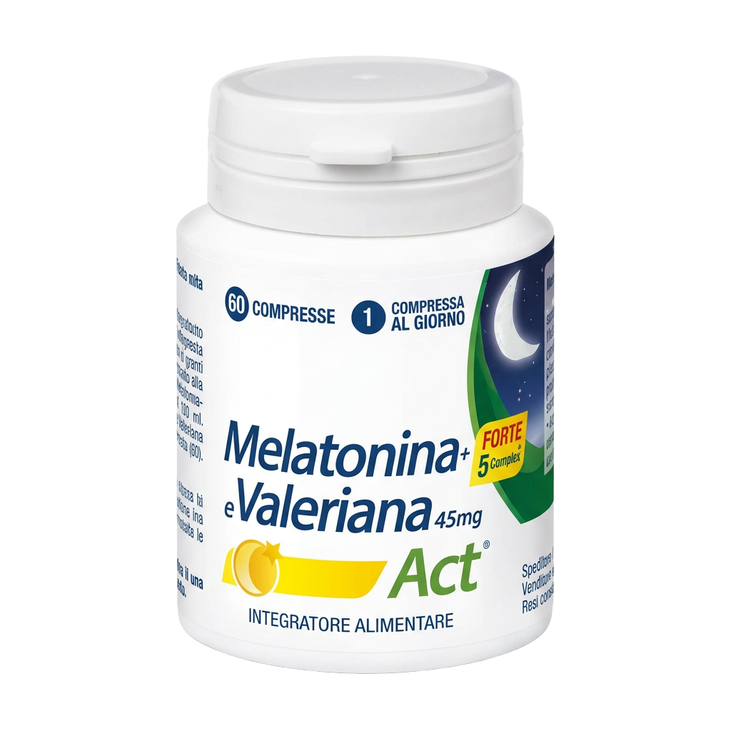 Flacone Melatonina e Valeriana Act Forte 5 Complex, 60 compresse, senza sfondo
