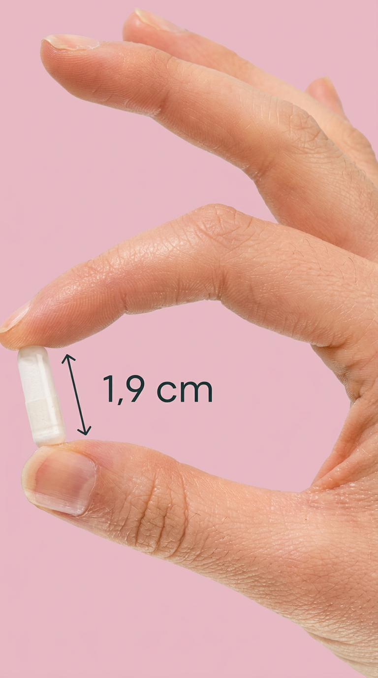Capsula vegetale tra le dita, composizione completa con indicazione di 1,9 cm