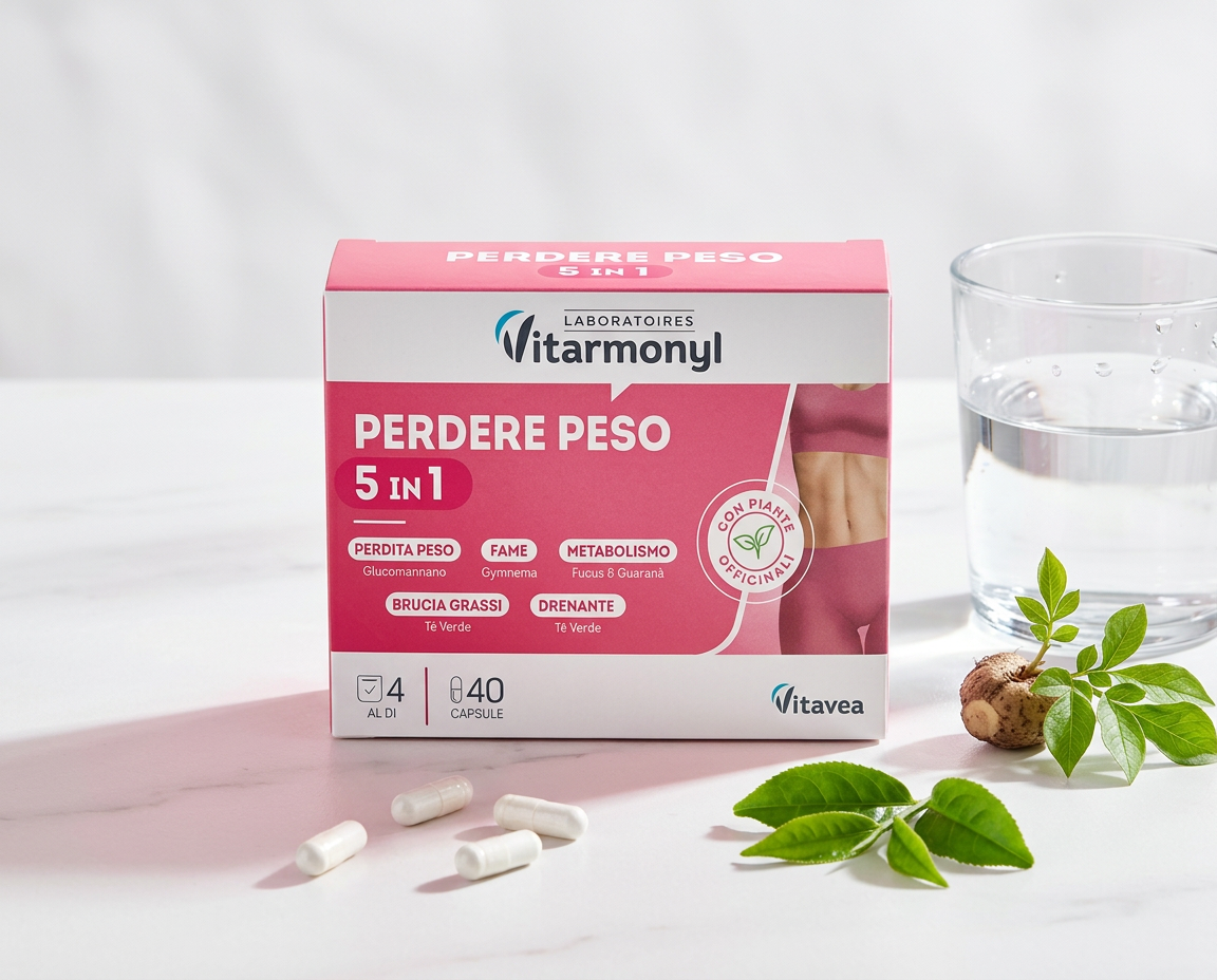 Confezione Bruciagrassi 5 in 1 con capsule, tè verde e un bicchiere d’acqua