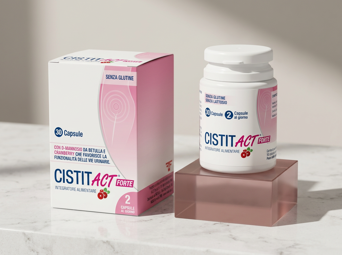 Confezione e flacone Cistit Act Forte in una composizione fotografica coordinata