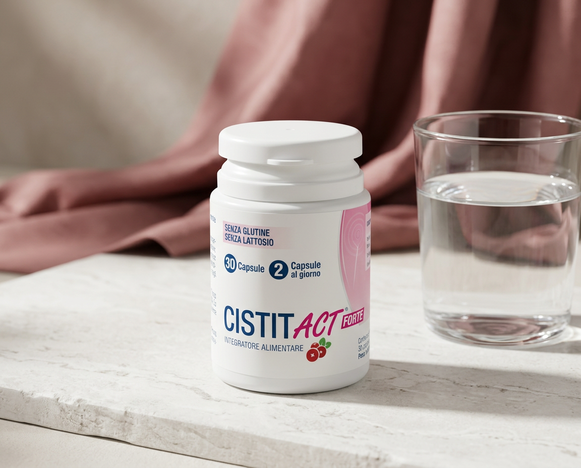 Cistit Act Forte accanto a un bicchiere d’acqua