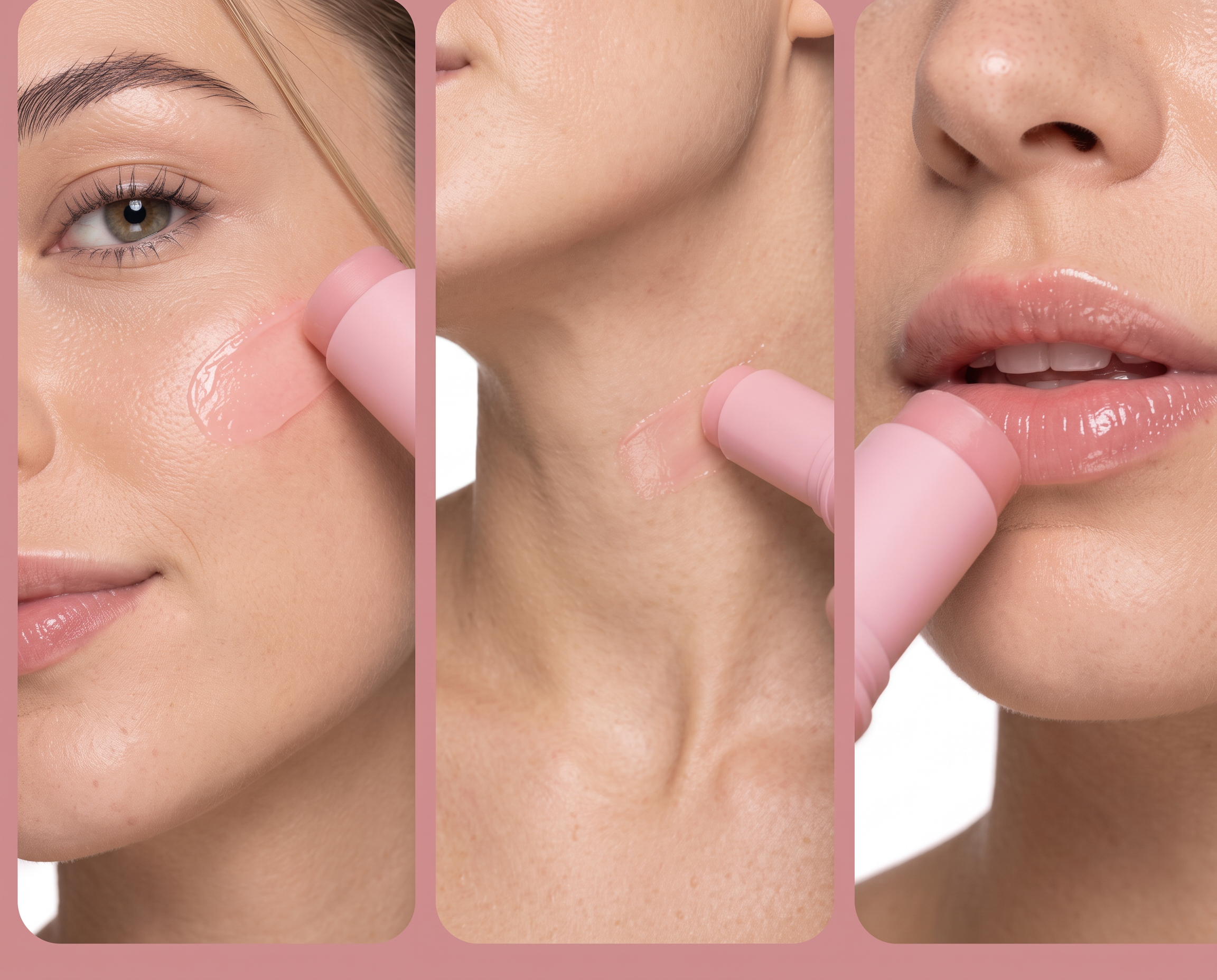 Applicazione dello stick su viso, collo e labbra: tre immagini complete