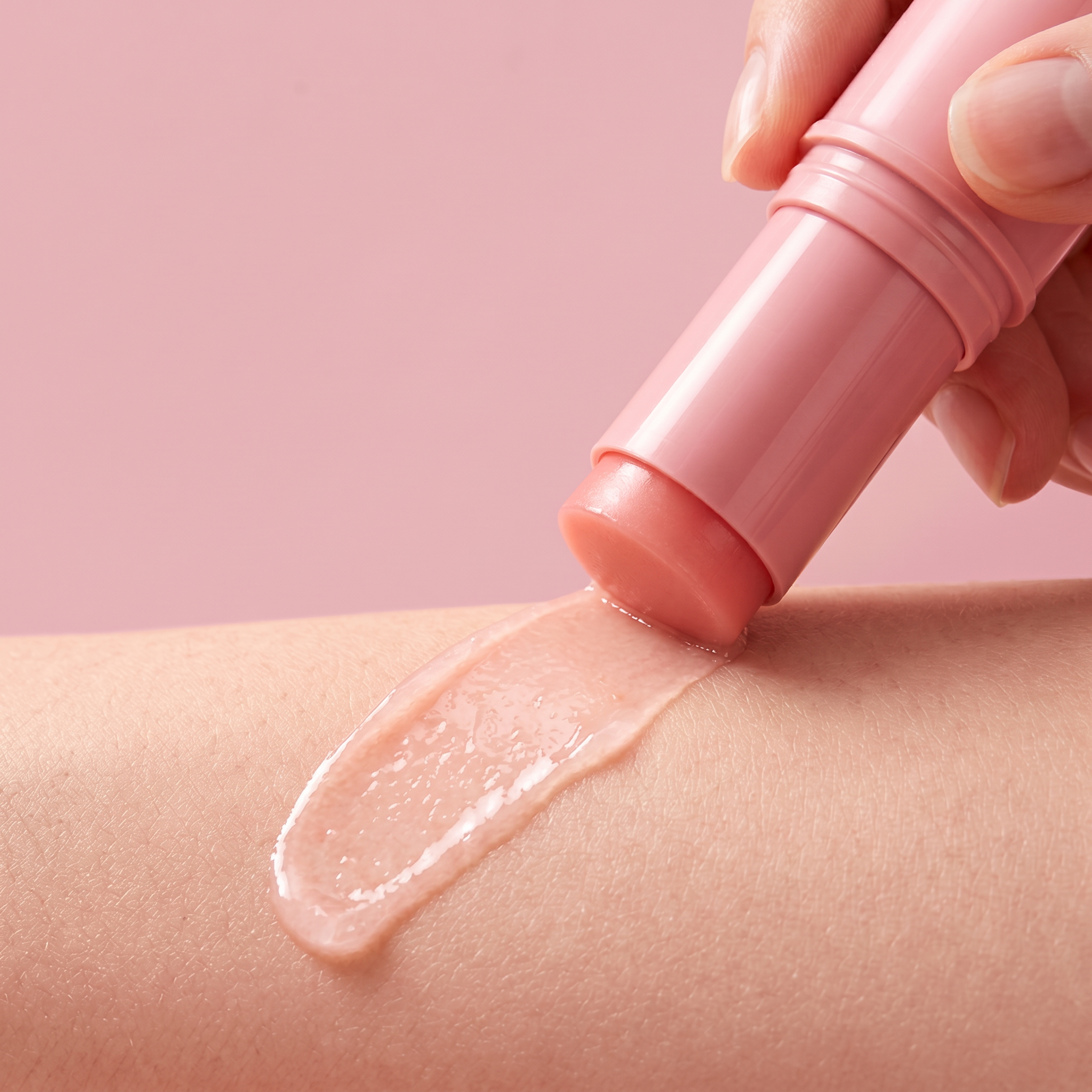 Texture del balsamo rosa applicata sul dorso della mano