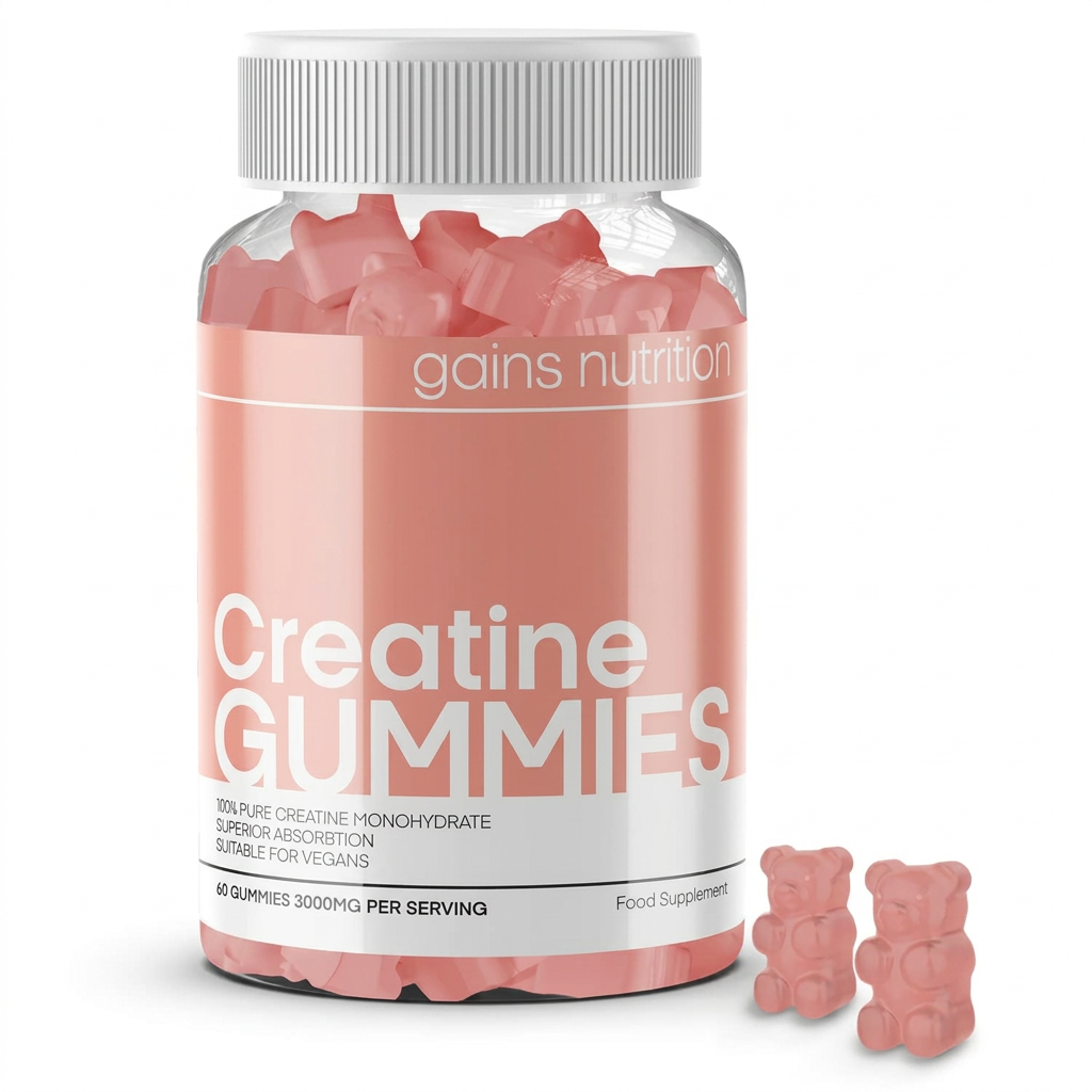 Confezione Gains Nutrition Creatine Gummies con due orsetti rosa