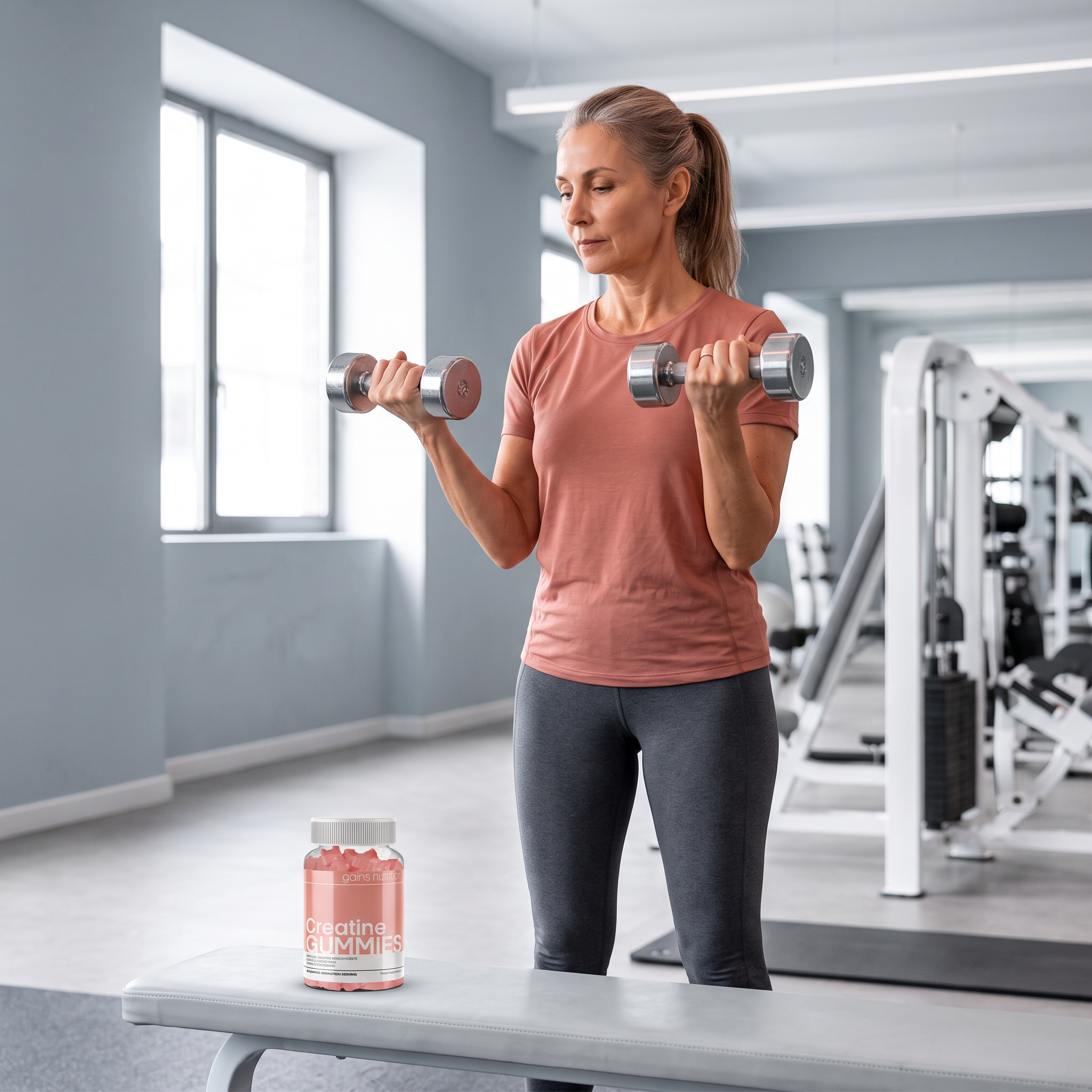 Donna matura che si allena con manubri, con Creatine Gummies in primo piano