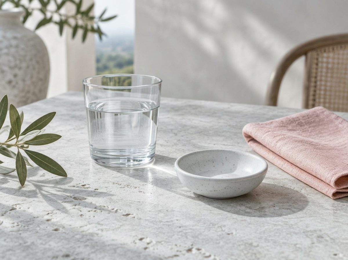 Acqua, ceramica e lino rosa su un tavolo luminoso