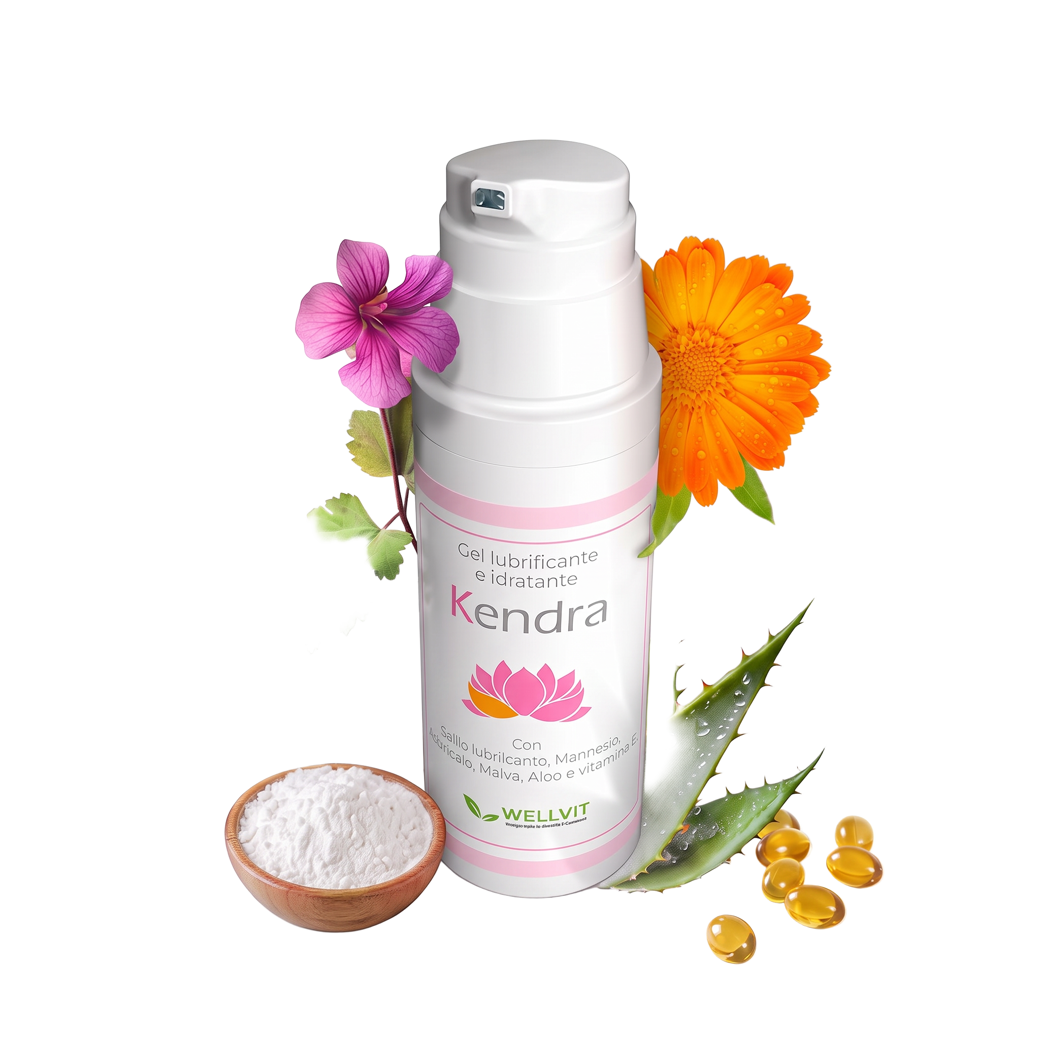 Flacone Kendra senza sfondo con malva, calendula, aloe, D-mannosio e vitamina E