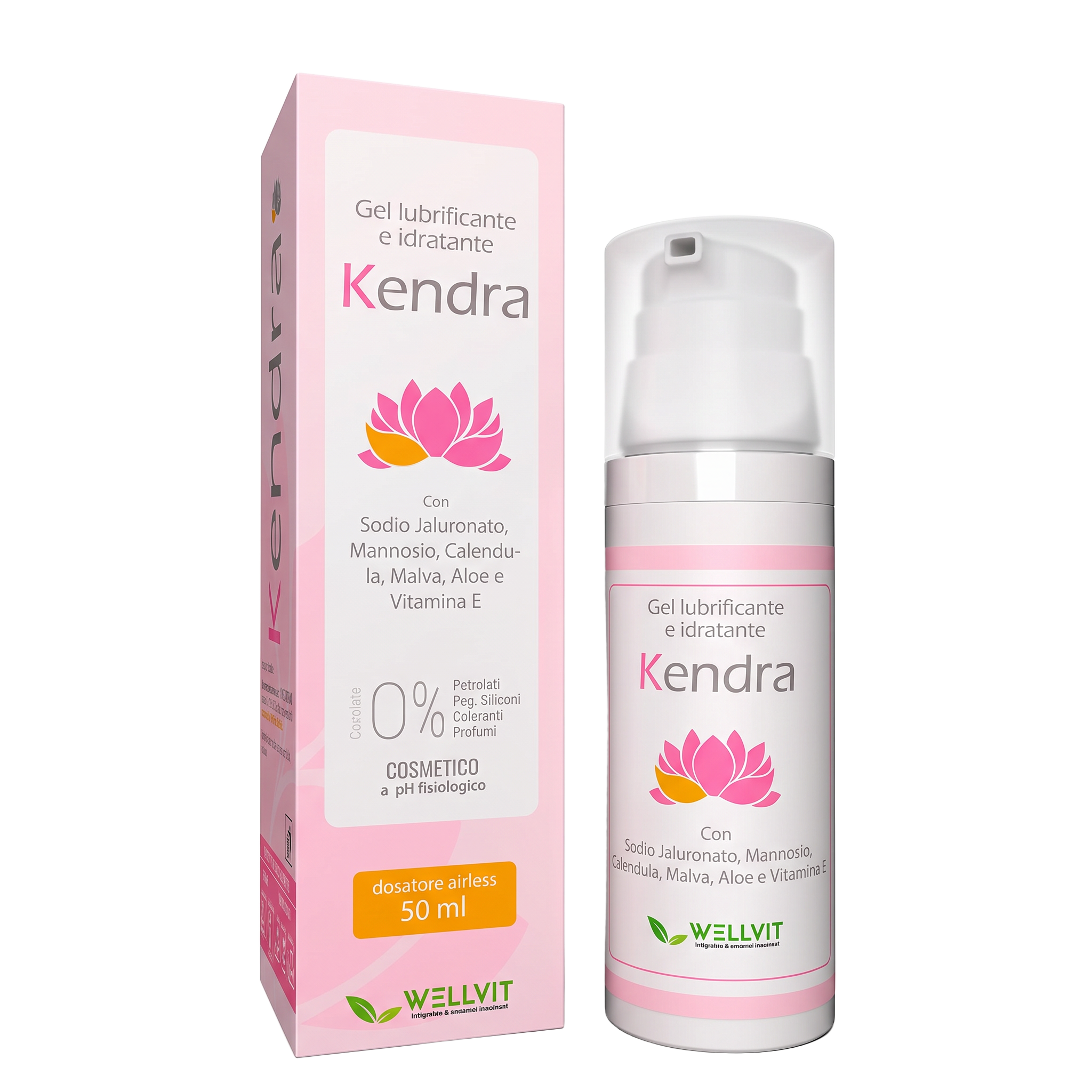 Kendra Wellvit: confezione e flacone airless da 50 ml senza sfondo