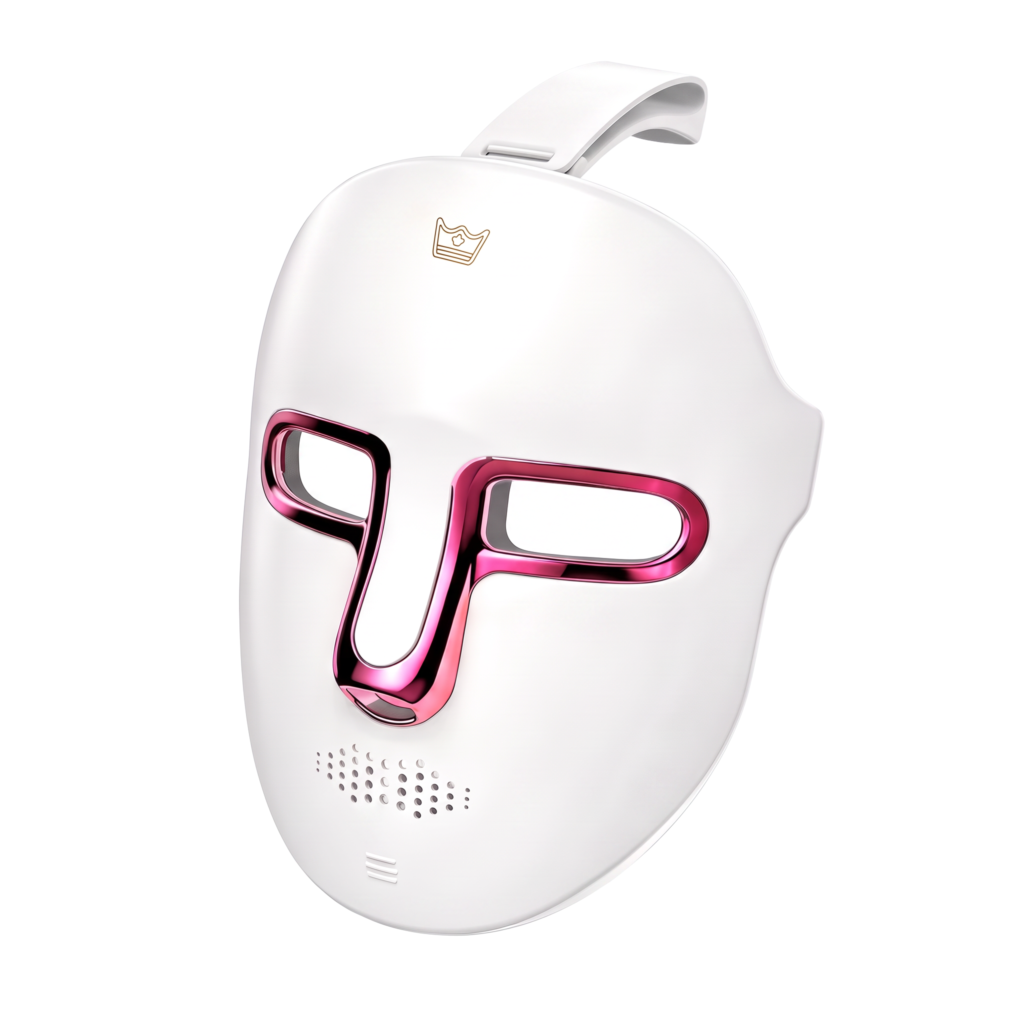 Maschera LED bianca con dettagli rosa metallizzati e fascia, senza sfondo