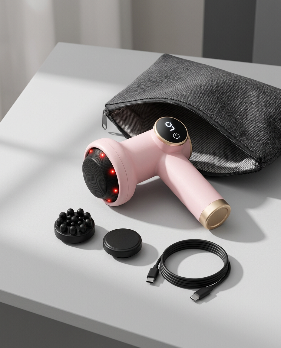 Ambientazione illustrativa del massaggiatore TJXVX e accessori da viaggio