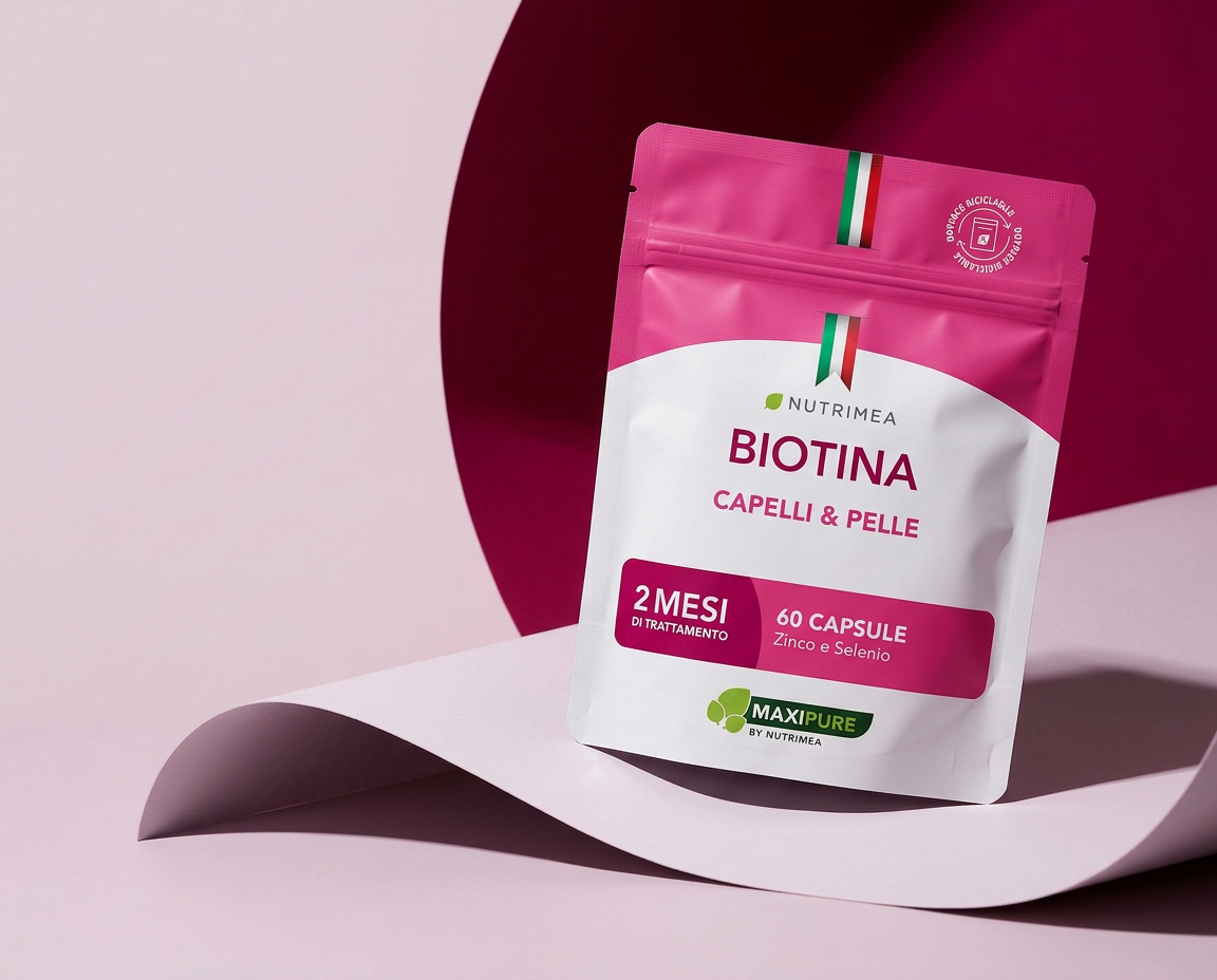 Biotina Nutrimea con confezione integra su carta rosa e fucsia