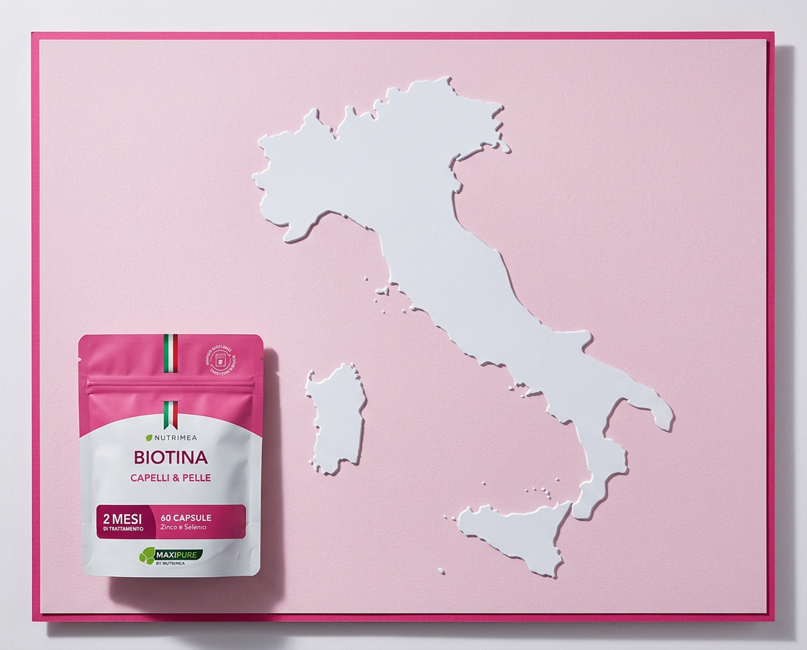 Confezione Nutrimea accanto a una sagoma dell’Italia, rappresentazione della rete italiana del marchio