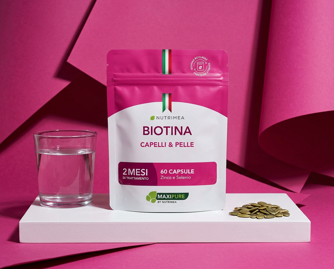 Biotina Nutrimea con acqua e semi di zucca su una superficie bianca