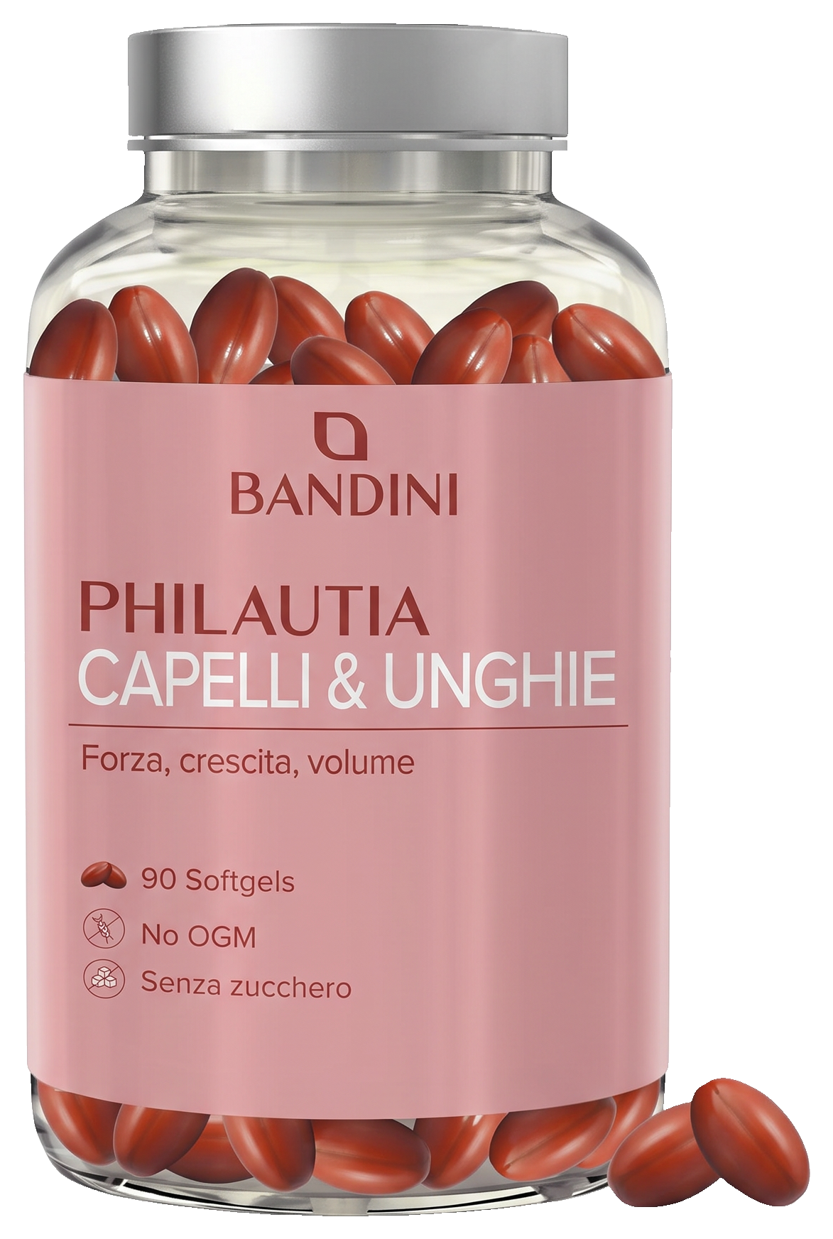 Philautia Capelli & Unghie, flacone rosa da 90 softgels e due capsule accanto