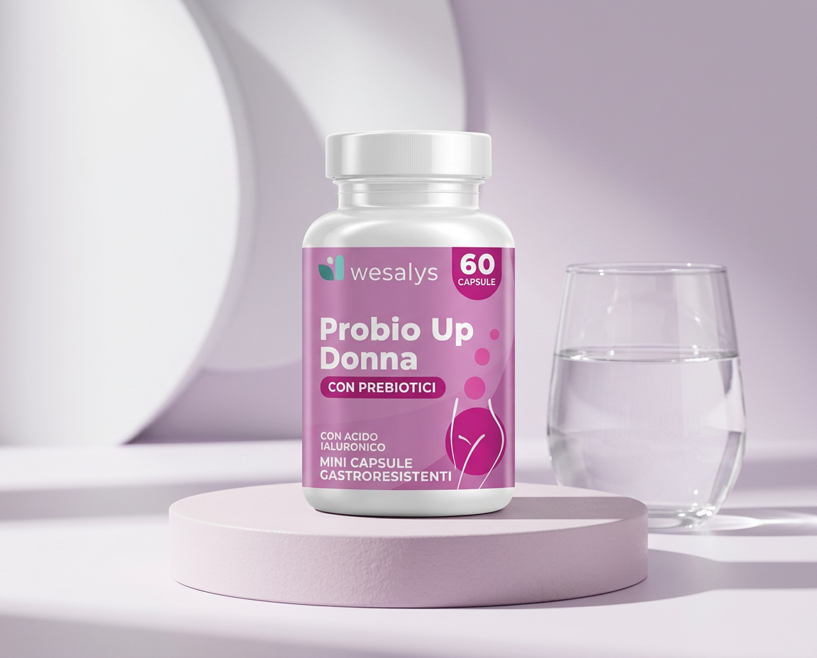 Probio Up Donna con un bicchiere d’acqua su una superficie rosa freddo