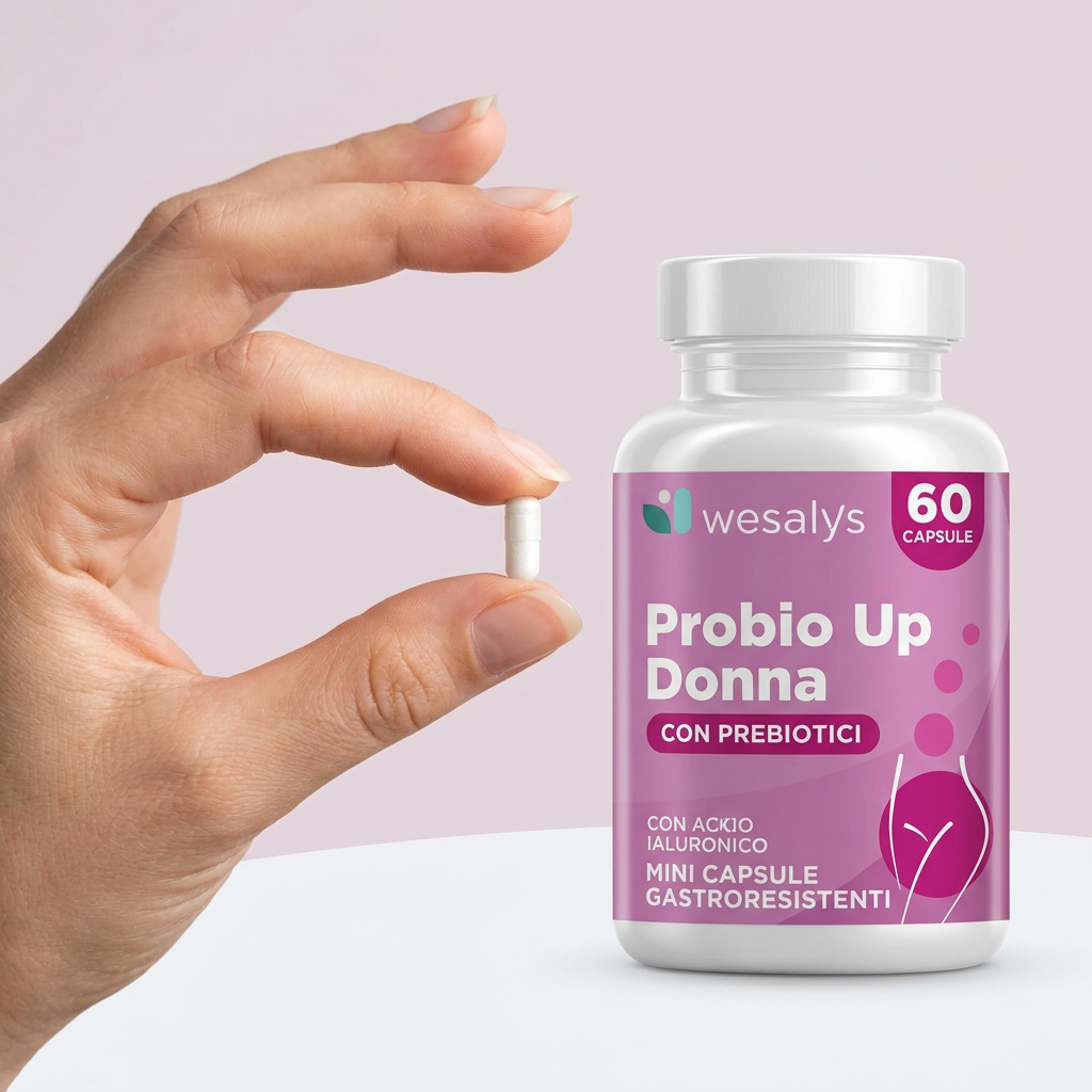 Una mini capsula bianca tenuta fra le dita accanto al flacone Probio Up Donna