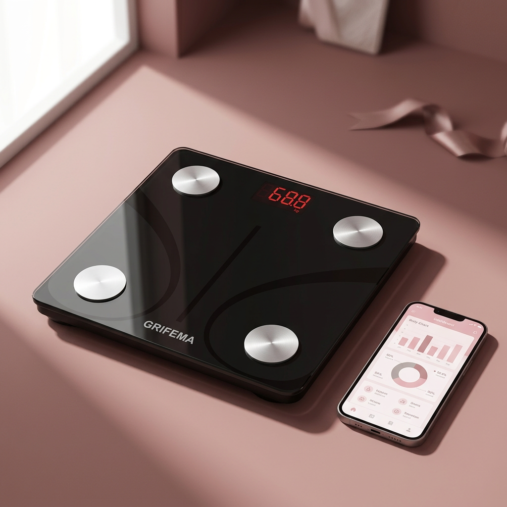 Bilancia impedenziometrica e telefono con schermata rosa illustrativa