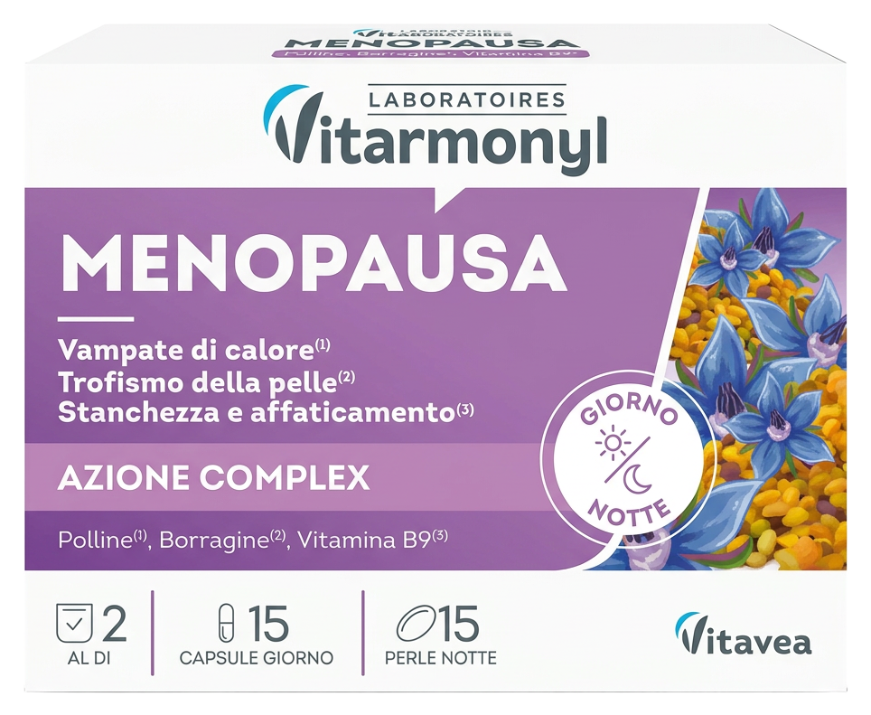 Confezione Vitarmonyl Menopausa senza sfondo, 15 capsule giorno e 15 perle notte